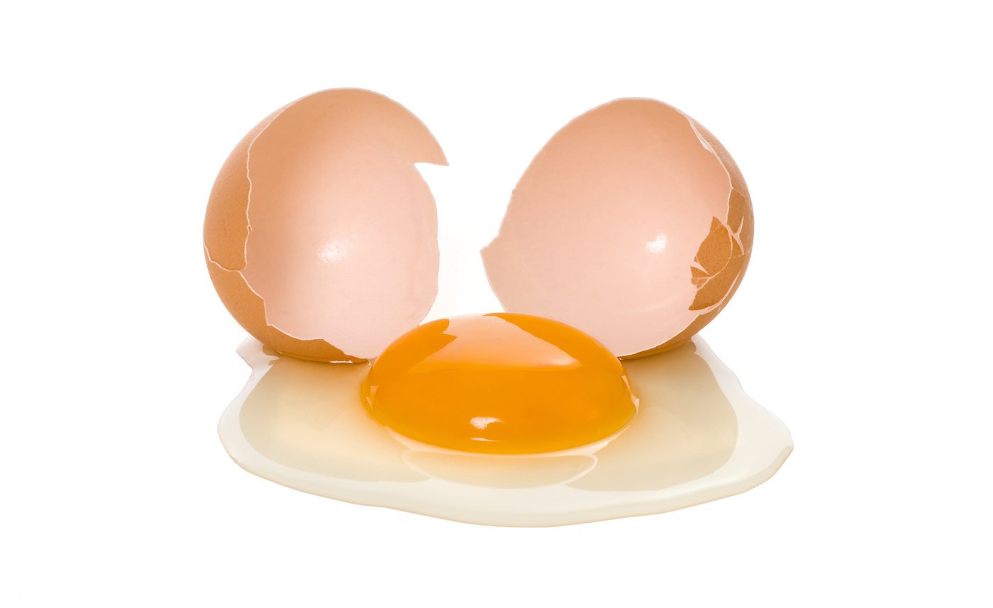 A close-up photo of a broken egg with a brown shell against a white background