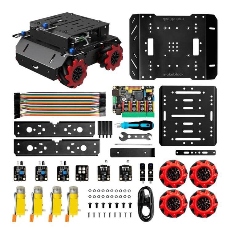 All the pieces of Makeblock's mBot Mega programmable robotics kit