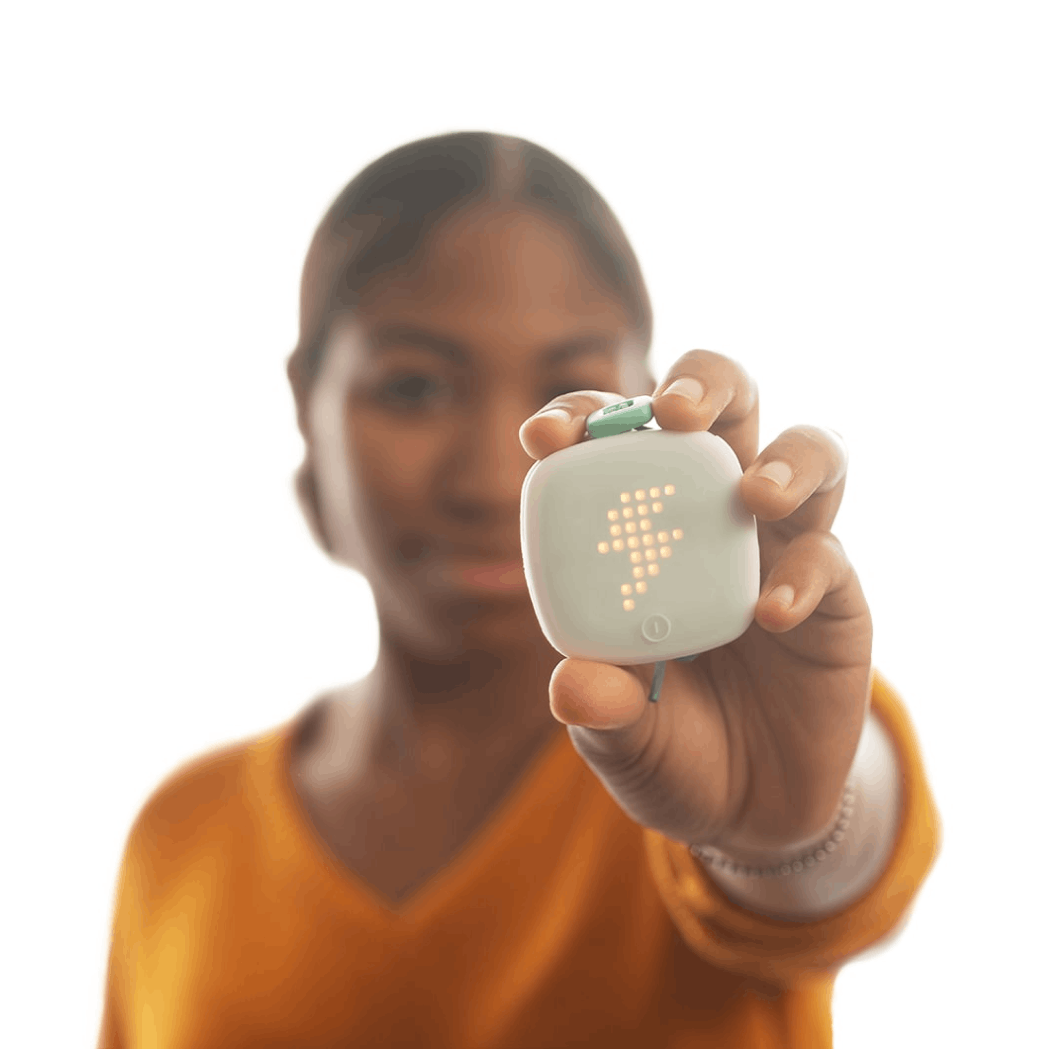 imagiLabs' imagiCharm learn-to-code wearable shown in close up held by a girl