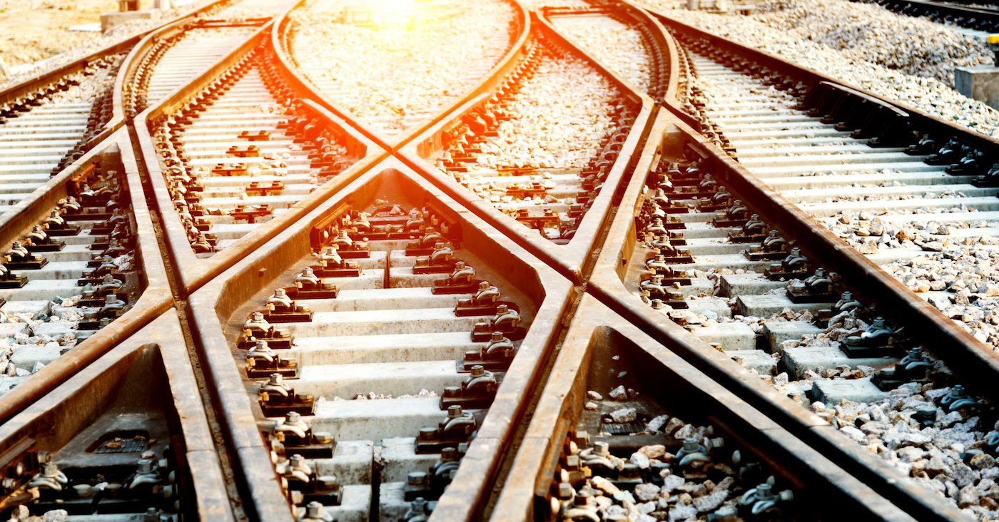 Closeup of intersecting railroad tracks in a train yard