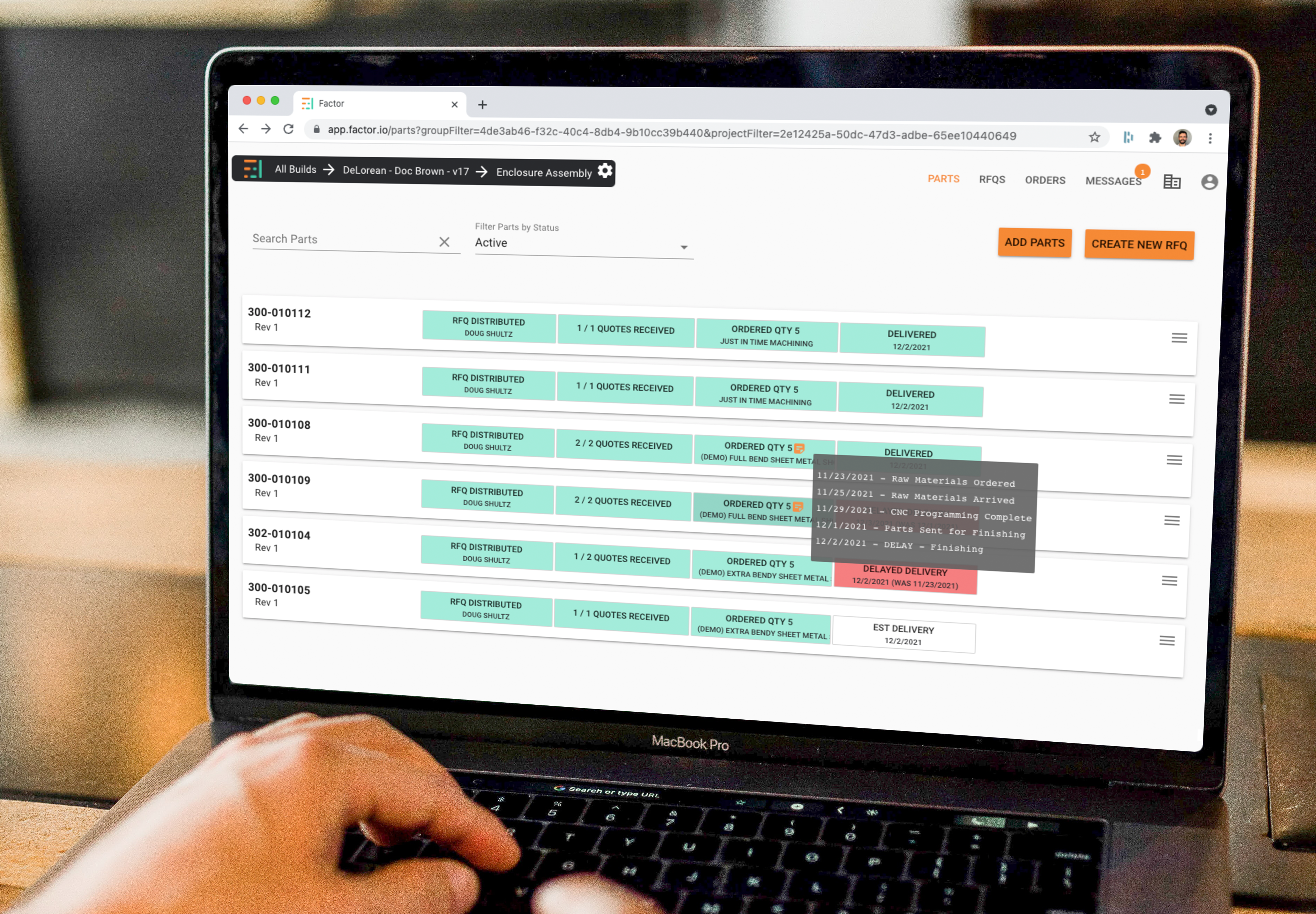 Factor's parts status tracking feature