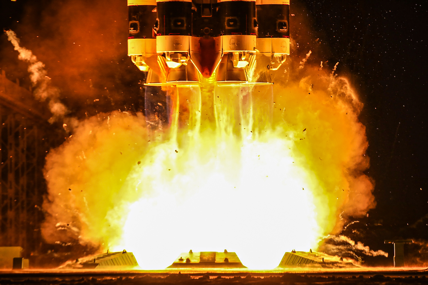 BAIKONUR, KAZAKHSTAN DECEMBER 13, 2021: The Proton-M rocket with the Breeze-M upper stage carrying Express-AMU3 and Express-AMU7 telecommunications satellites lifts off from the Baikonur Cosmodrome. Proton-M is to put the two satellites of the Russian Satellite Communication Company (RSCC) into geostationary Earth orbit. Roscosmos Press Office/TASS (Photo by Roscosmos Press OfficeTASS via Getty Images)