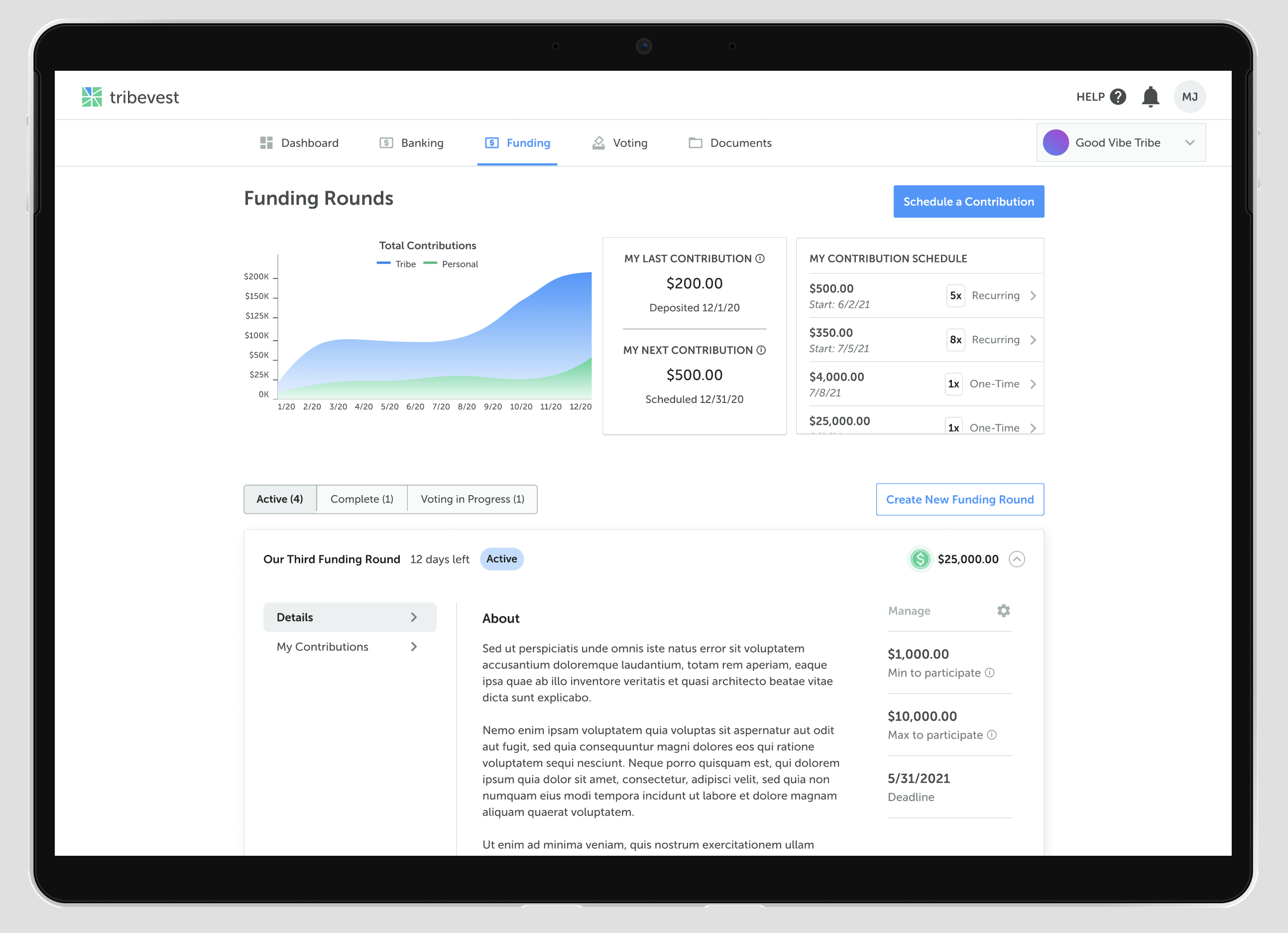The Tribevest dashboard