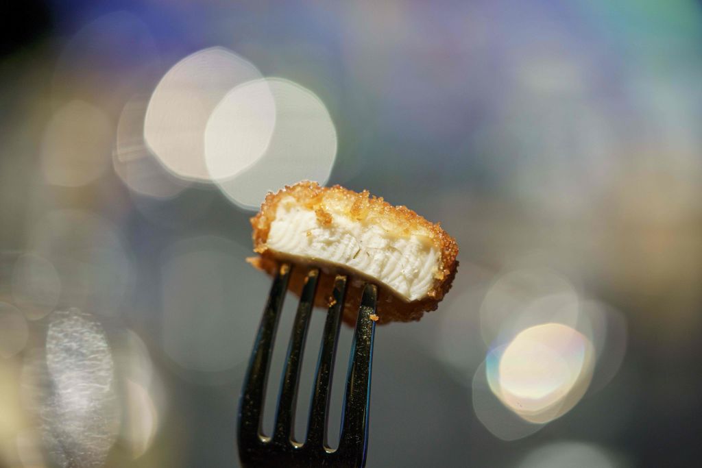 A nugget made from lab-grown chicken meat is seen during a media presentation in Singapore, the first country to allow the sale of meat created without slaughtering any animals, on December 22, 2020. (Photo by Nicholas YEO / AFP) (Photo by NICHOLAS YEO/AFP via Getty Images)