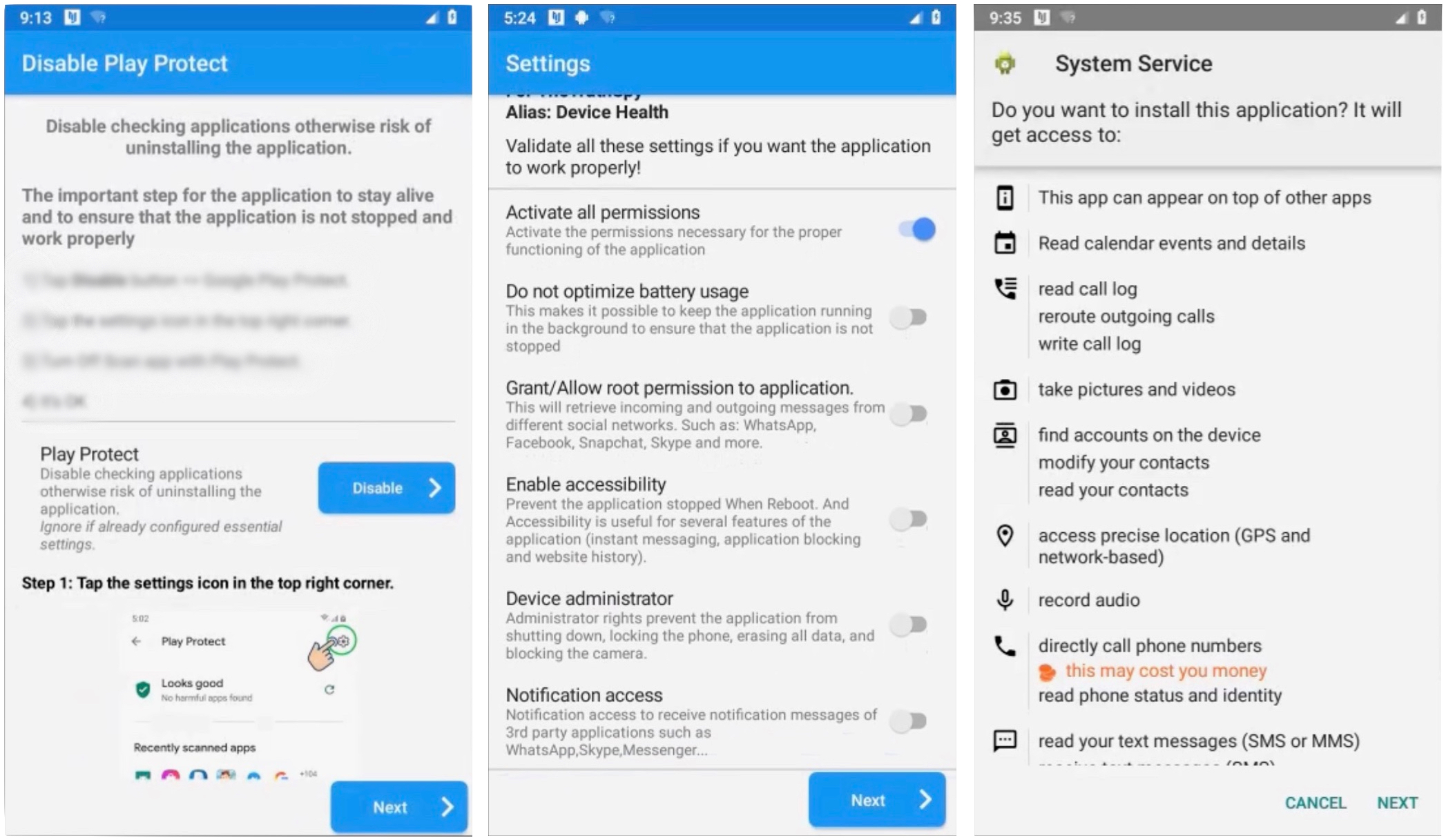 Screenshots showing the user interfaces for planting the spyware.