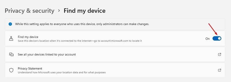 enable the toggle for Find my device