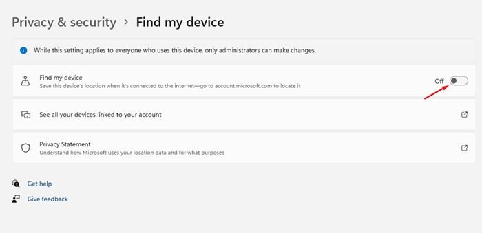 Turn off the toggle for Find My Device