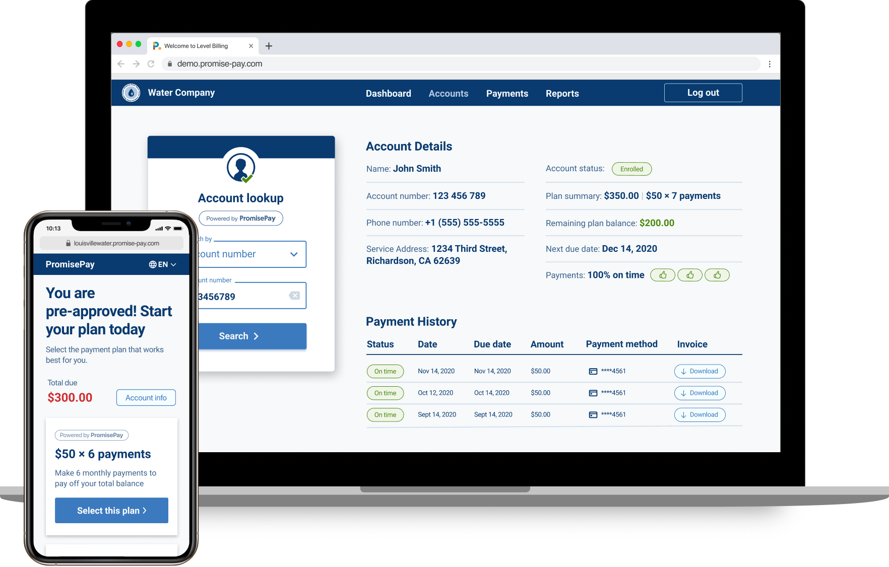 Screenshot of Promise payments showing accounts and approval for a payment plan.