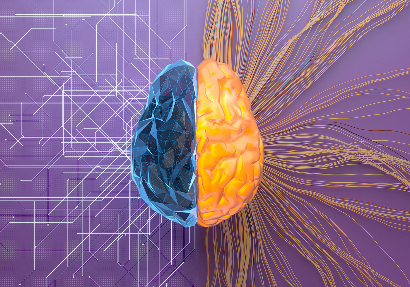 Digital generated image of split net/turbulence structure of artificial intelligence brain on purple surface.