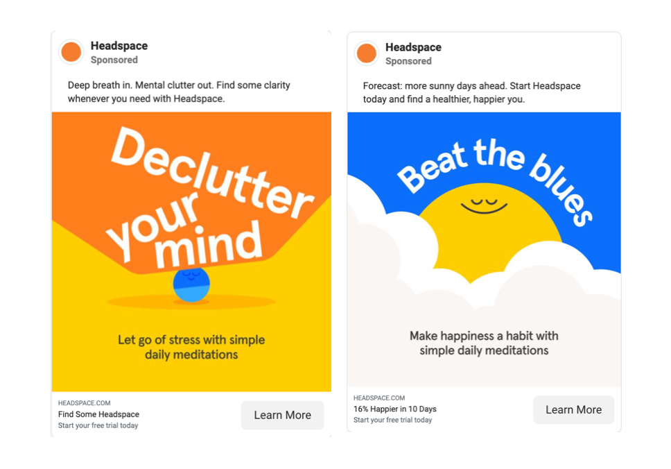 Facebook ads from meditation app, Headspace.