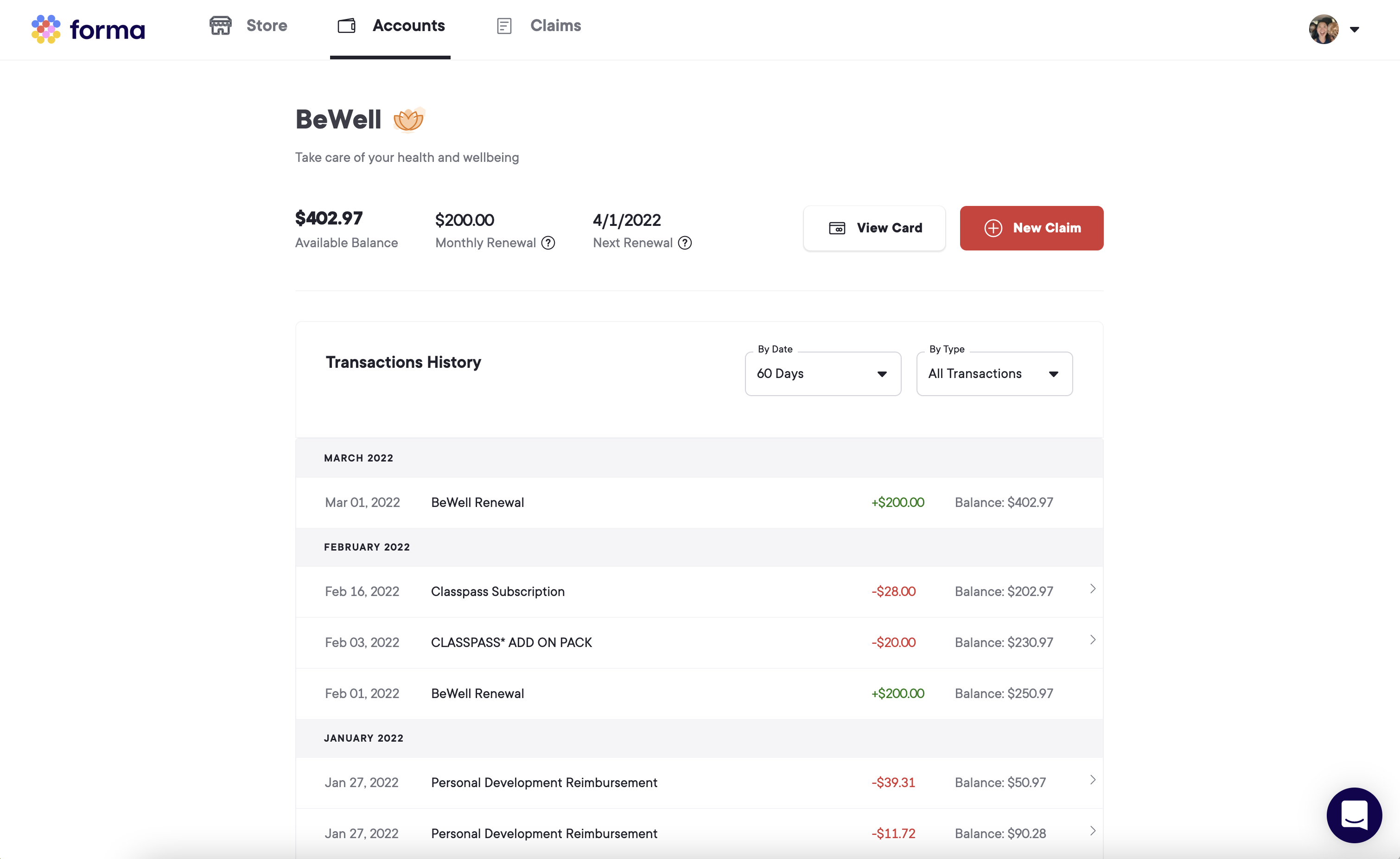 Forma's spending history interface for employees