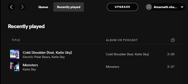 list of recently played music items