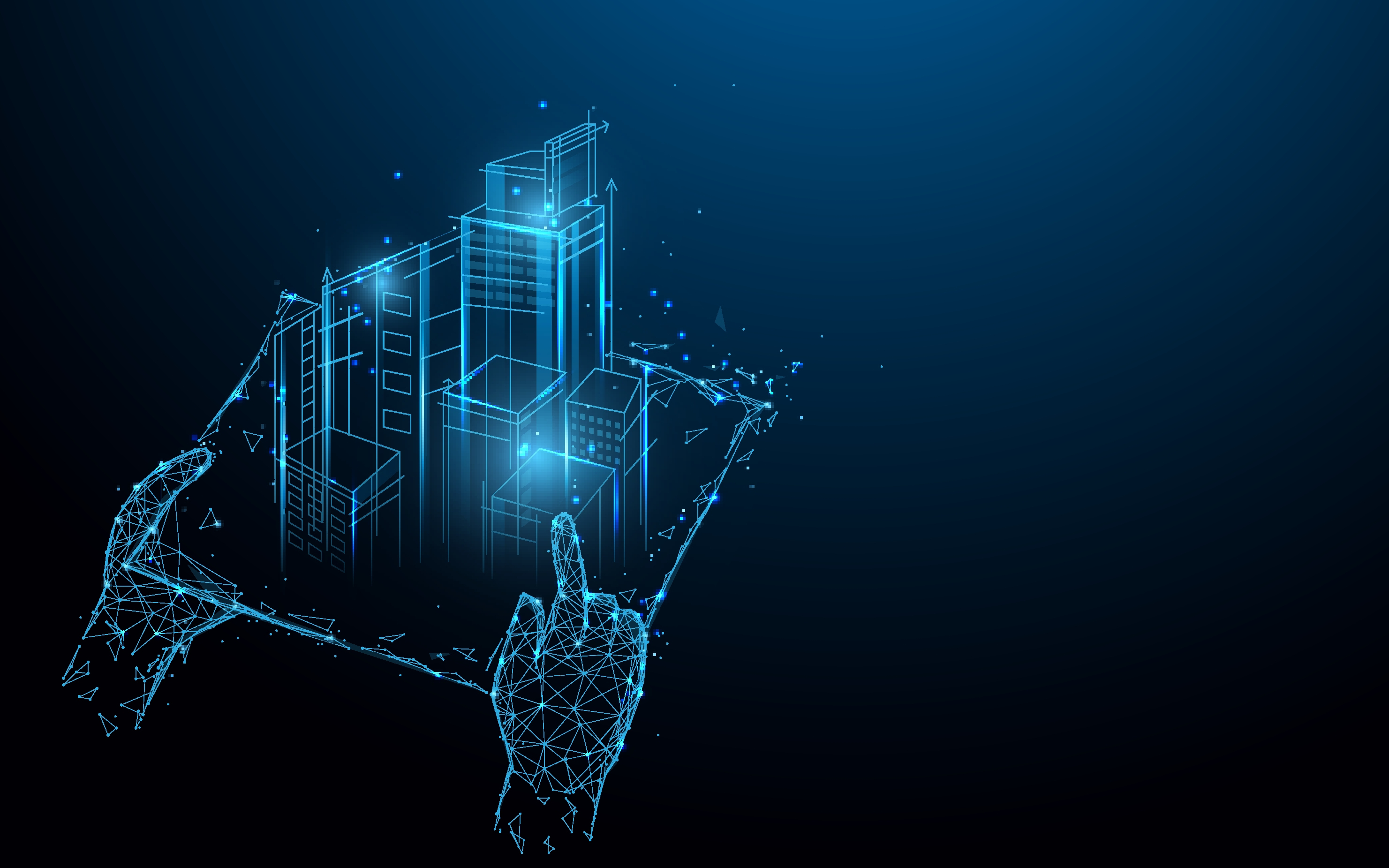 Hands holding blue print with architect form lines, triangles and particle style design