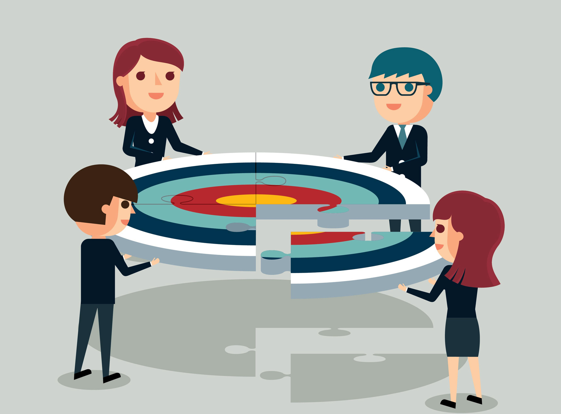 Illustration of two men and two women putting together a target to symbolize a take over target.