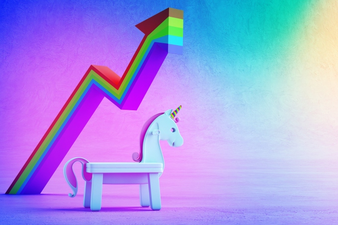 3d illustration of white toy unicorn and financial graph