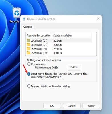 'Don't move files to the Recycle Bin'