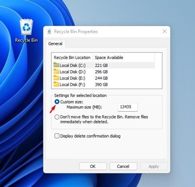 select the Custom Size option