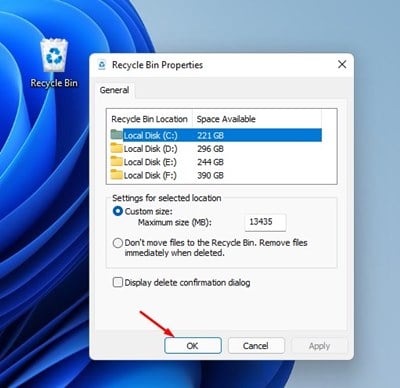 click on the Ok button