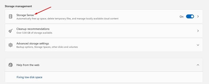 System > Storage > Storage Sense