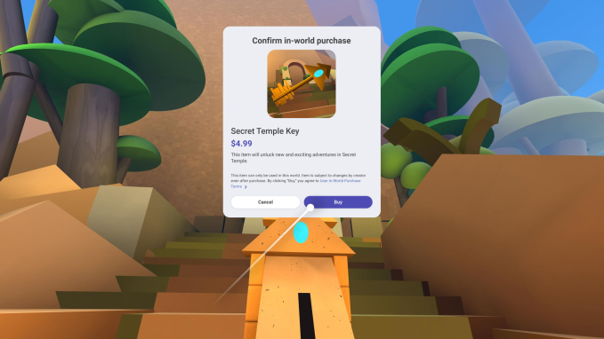 A pop-up showing an in-world purchase in Horizon Worlds