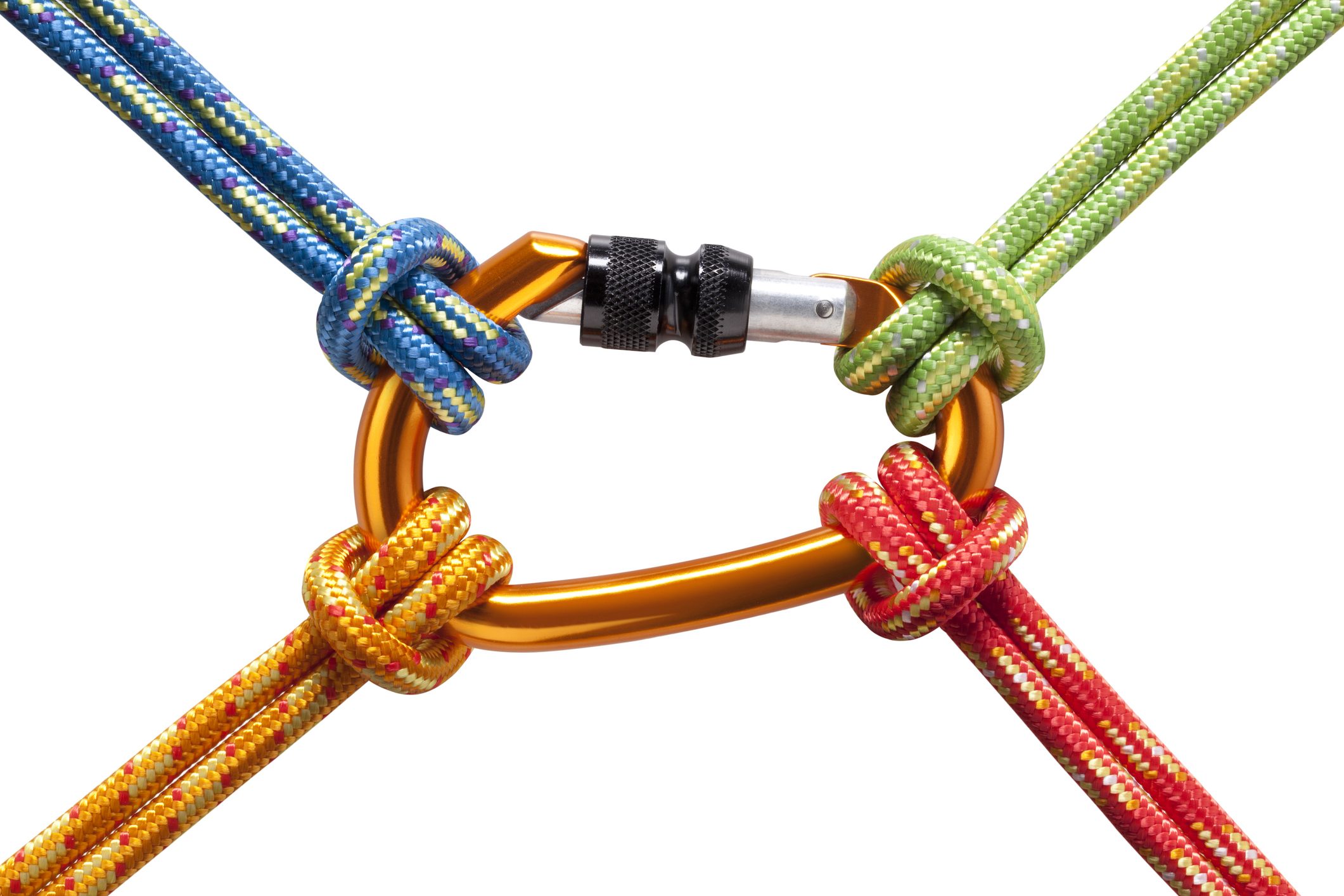 four ropes knotted to a carabiner