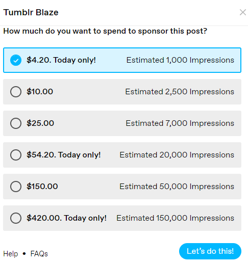 Tumblr blaze pricing