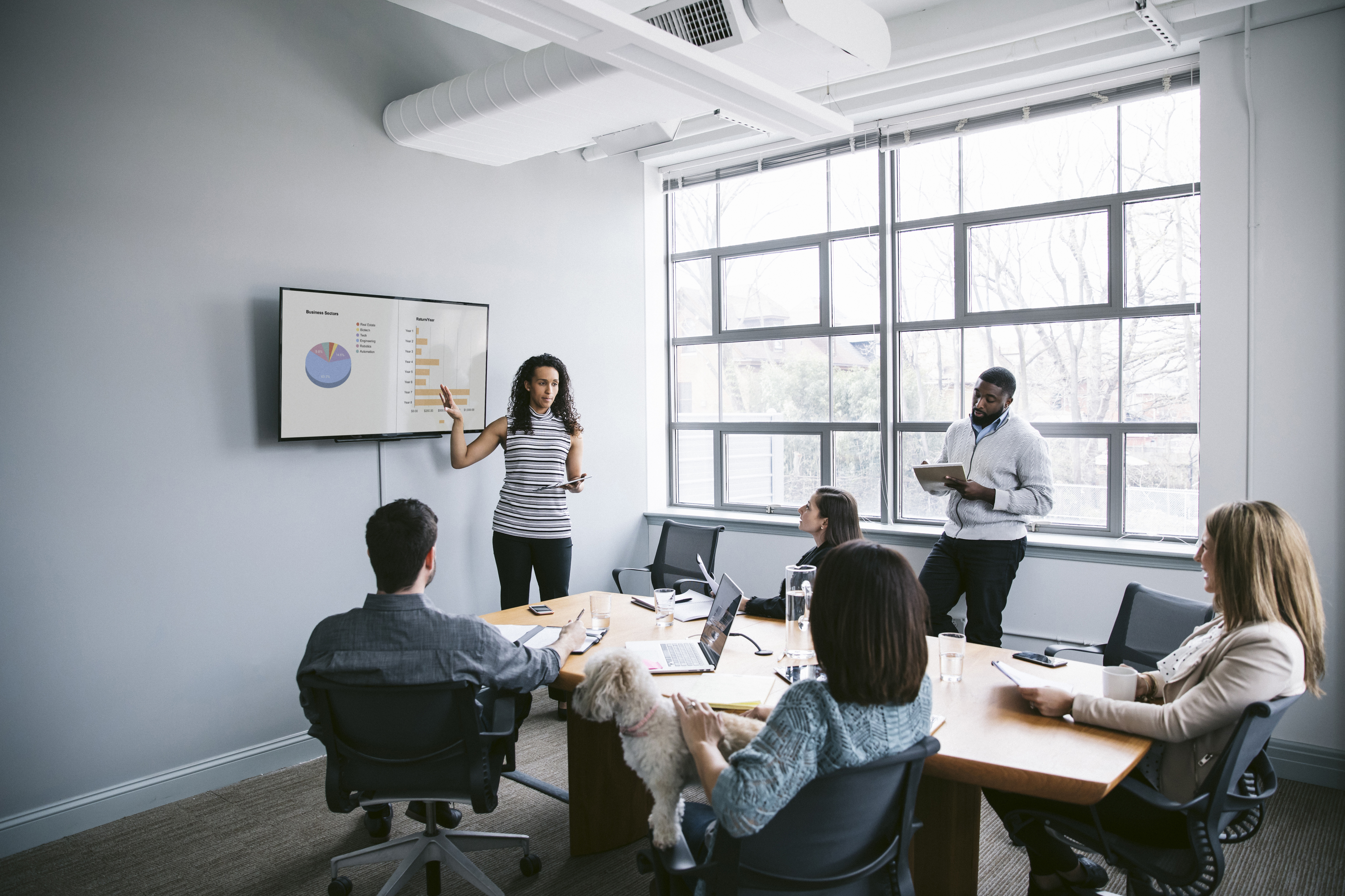 Image of a founder explaining contents of a pitch deck during a board meeting.