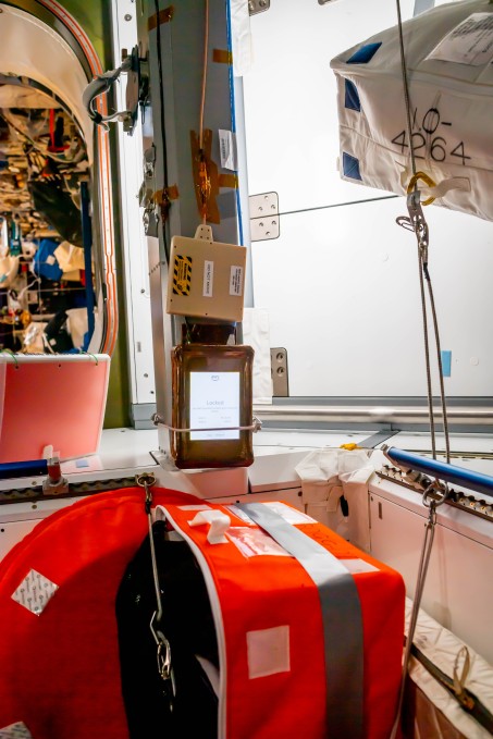 a photo of the AWS Snowcone SSD onboard the International Space Station during the Ax-1 mission, prior to installation.