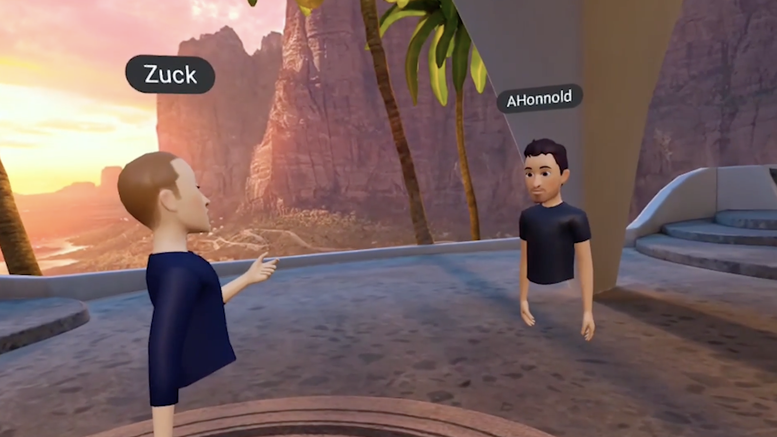 Zuckerberg and Honnold's avatars talking in a Horizon Home environment