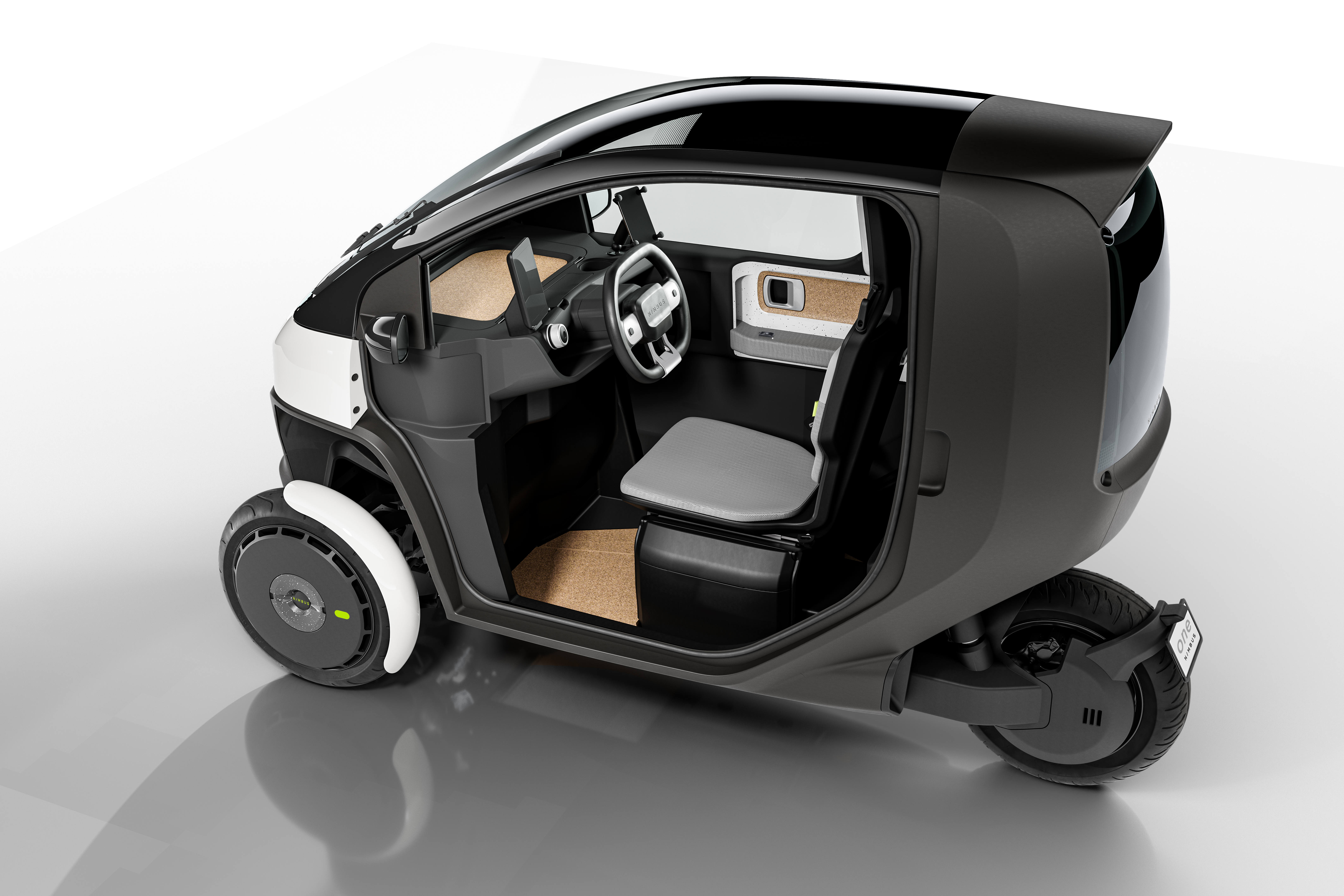 Interior of Nimbus One tiny, tilting three-wheeled electric vehicle