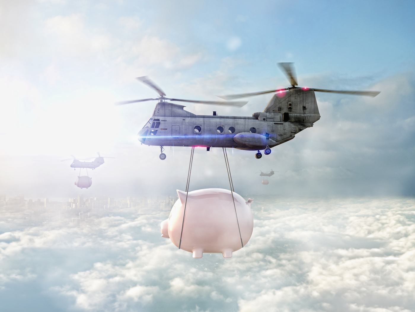 Helicopters carrying piggy banks over clouds