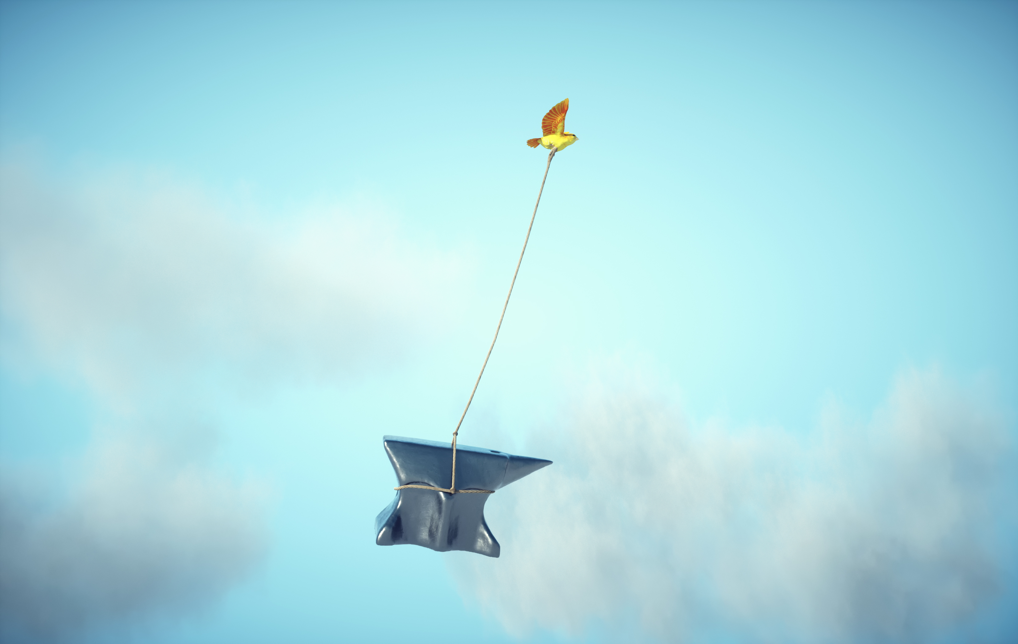 Yellow bird carries an anvil. growth marketing during a recession
