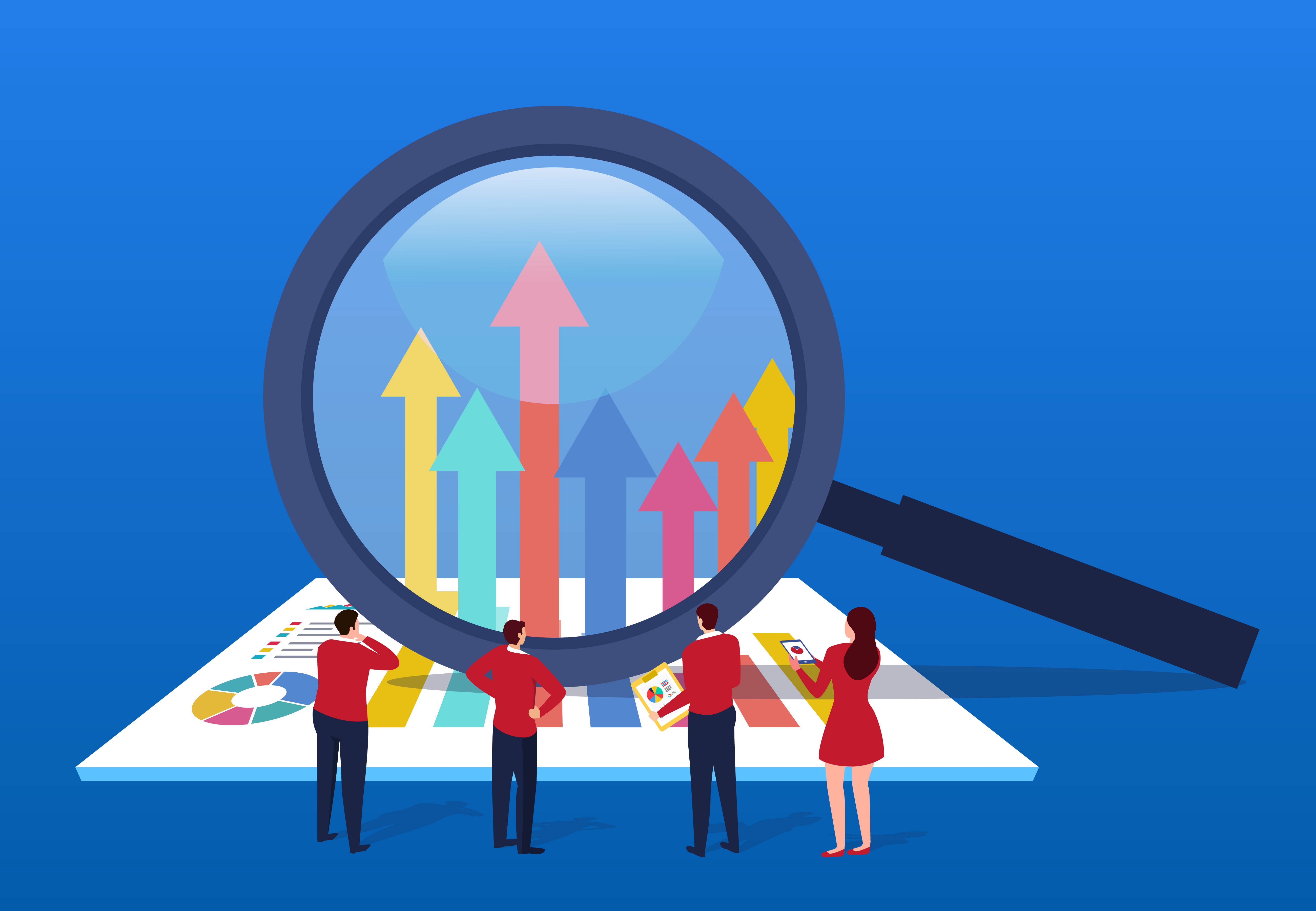 Illustration of a magnifying glass examining charts with businesspeople standing in the foreground.