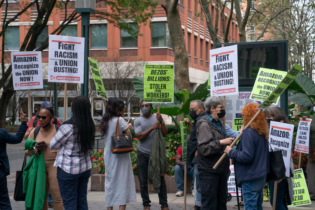 Supporters of organizing a union at Amazon Staten Island warehouse rally in front of the field office of National Labor Relations Board (NLRB) located at 2 MetroTech.