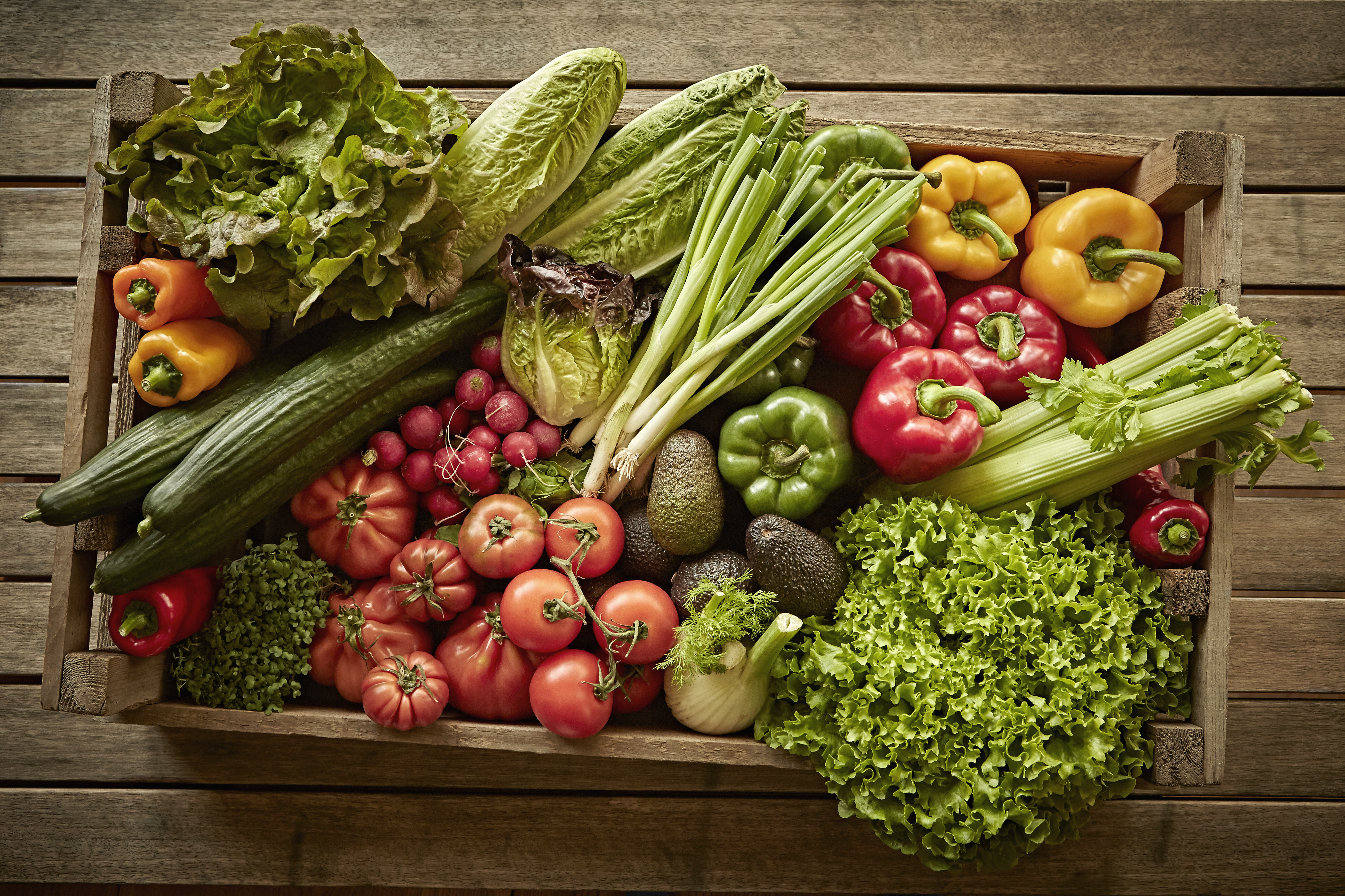 Still life fresh, organic, healthy vegetable harvest variety in wood crate